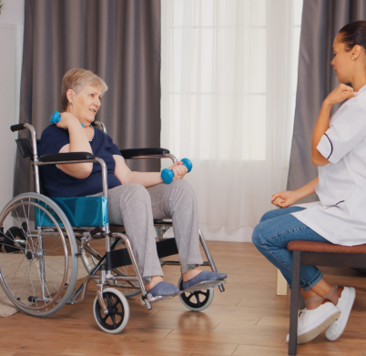 Old lady in wheelchair doing physical rehabilitation with nurse. Training, sport, recovery and lifting, old person retirement home, healthcare nursing, health support, social assistance, doctor and home service